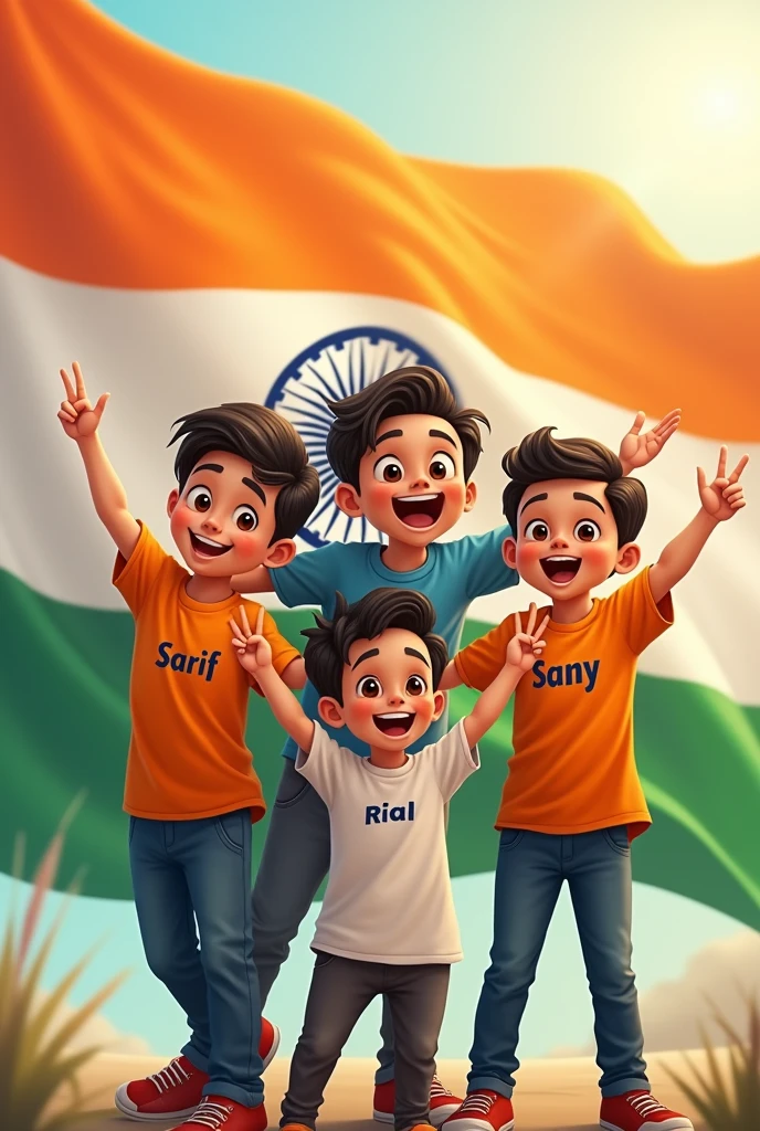 "Background indian flag"
4 boy enjoying Independence day "SARIF " SAMIM "SANY" RAHUL " Thare shart front side there name "SARIF " SAMIM "SANY" RAHUL "