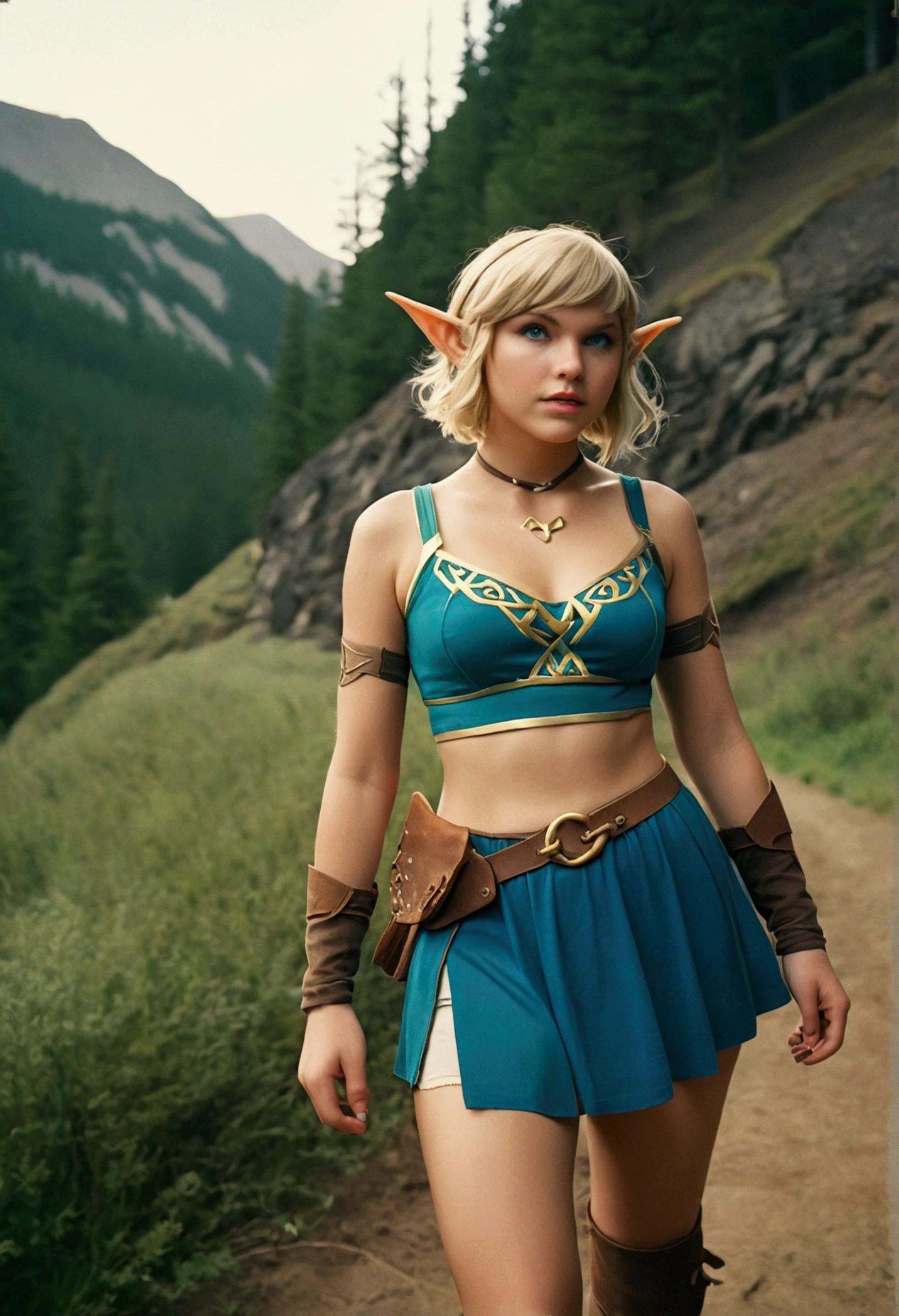 analog film photo, photo of a Hylian girl, elf ears, azure eyes, messy blonde bob cut, tan complexion, tall stature, voluptuous hourglass figure, full hips, plump round buttocks, wearing a bralette and a battle skirt, strolling through Hyrule's wilderness, resembles Taylorr Swift, RAW Photograph, dslr, soft lighting, high quality, film grain, Fujifilm XT3, detailed skin with visible pores, insane details, masterpiece, 8k, 35mm photograph, dslr, kodachrome, faded film, desaturated, grainy, vintage, Lomography, stained, highly detailed, found footage, close-up shot, elven ears