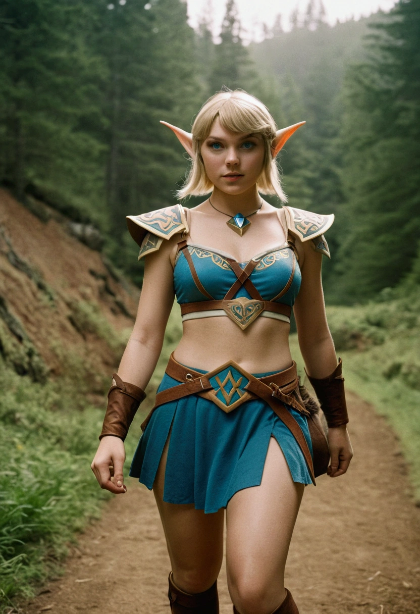 analog film photo, photo of a Hylian girl, elf ears, azure eyes, messy blonde bob cut, tan complexion, tall stature, voluptuous hourglass figure, full hips, plump round buttocks, wearing a bralette and a battle skirt, strolling through Hyrule's wilderness, resembles Taylorr Swift, RAW Photograph, dslr, soft lighting, high quality, film grain, Fujifilm XT3, detailed skin with visible pores, insane details, masterpiece, 8k, 35mm photograph, dslr, kodachrome, faded film, desaturated, grainy, vintage, Lomography, stained, highly detailed, found footage, close-up shot, elven ears