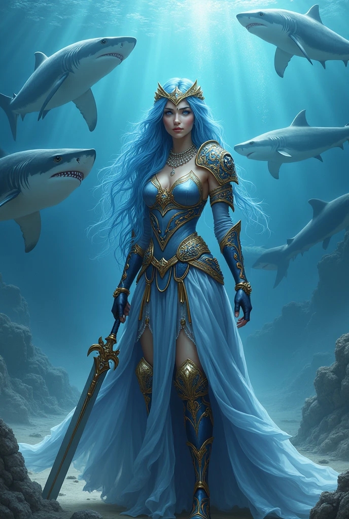 Blue haired beautiful girl with an icy blue colored eyes, wearing a blue and gold battle armor with her pearl headdress, holding her huge sword, standing at the center of the aquatic kingdom with a lot of great white shark behind her.