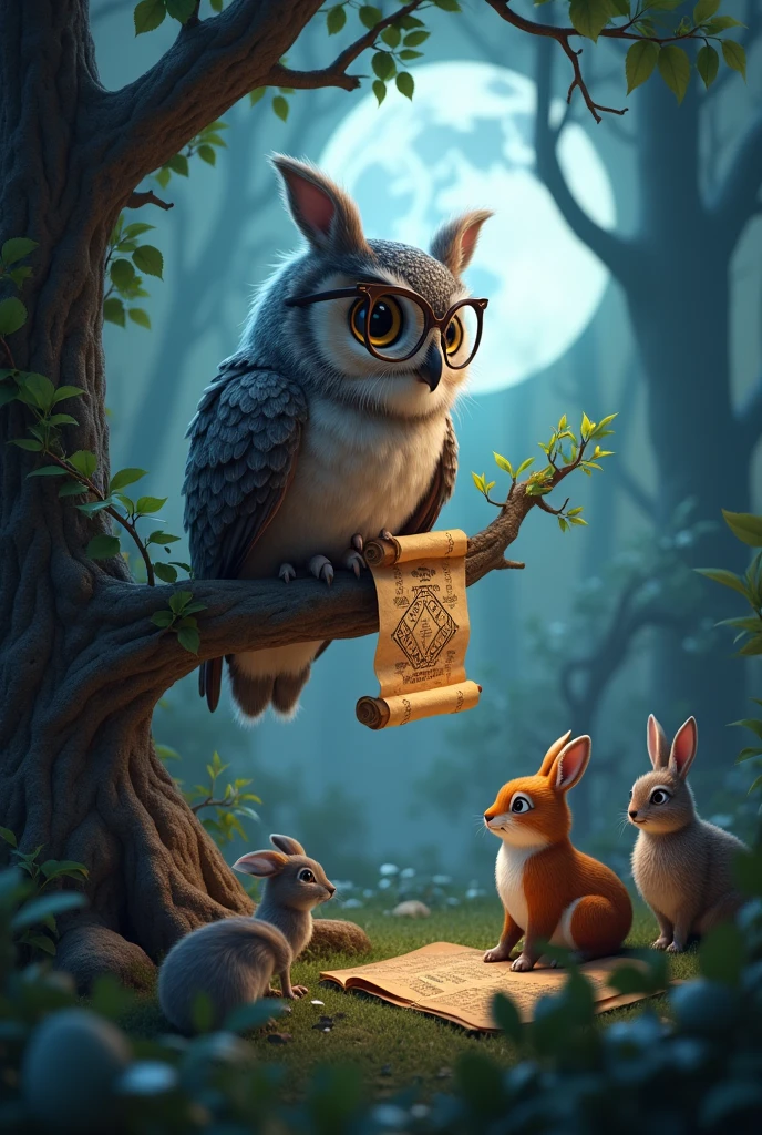 {
  "prompt": "A wise old owl with large, expressive eyes, perched on a branch in a dense, mystical forest. The owl is wearing small round spectacles, holding an ancient scroll in its talons, and speaking to a group of curious woodland animals. The scene is illuminated by soft moonlight filtering through the trees, creating a magical atmosphere. 3D render, ultra HD quality."
}