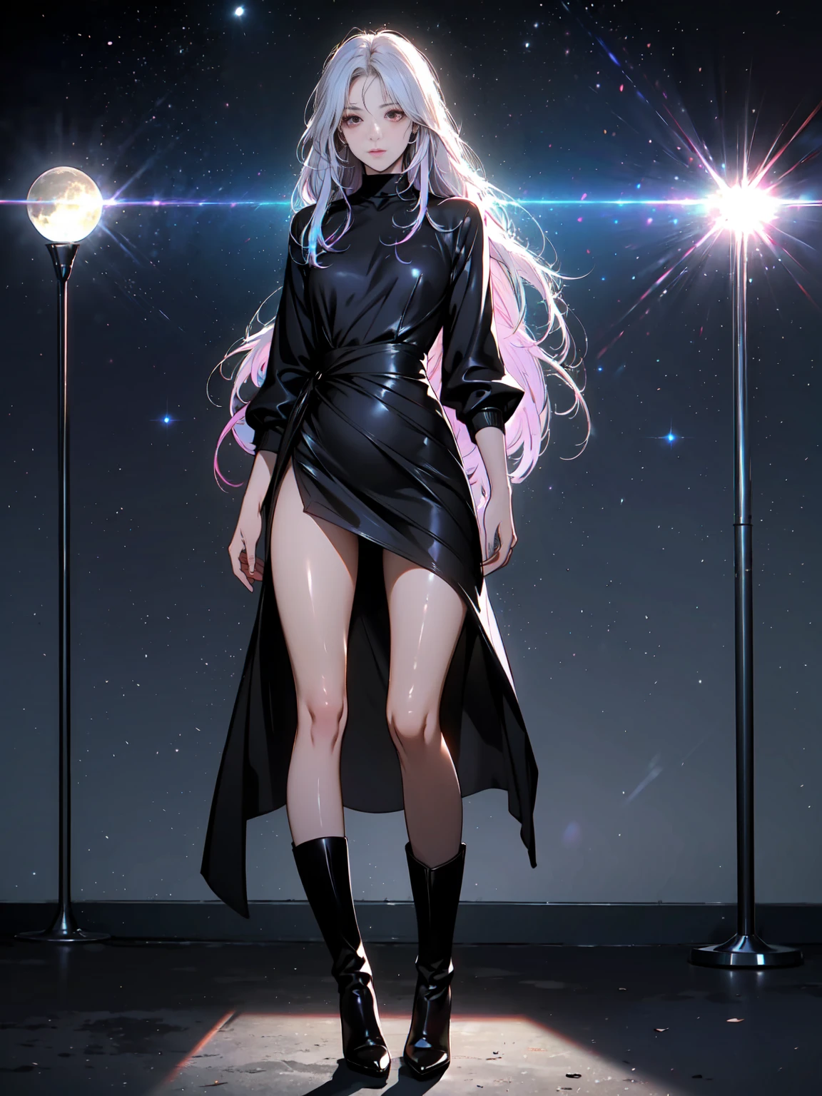 Girl with long white hair down to her waist, with small red details, red eyes, long black dress with a leg slit, with red details, long black boots up to below the knees, white skin, the ground around her is cracking and small stones are floating around her surrounded by a black aura, she is surrounded by shadows, and the background is dark like the night with the universe and stars, her presence causes fear, her shadow appears to be a monster, 8k, high quality, full body, (ultra-realistic), {extremely detailed 8k CG unit wallpaper}, expansive landscape photograph, (light: 2.0), (warm light source: 1.5), complex details, (iridescent colors: 1.5), (bright lighting), (atmospheric lighting), surreal, impressive, fantasy, (Solo: 1.2), White moon