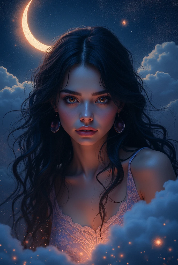 generate a cover photo of a girl for their new song, Use deep, rich colors like midnight blue, burgundy, and black.
Incorporate celestial elements (stars, moons, or constellations).
Overlay the group’s logo (a stylized “S” for Serenity) subtly.