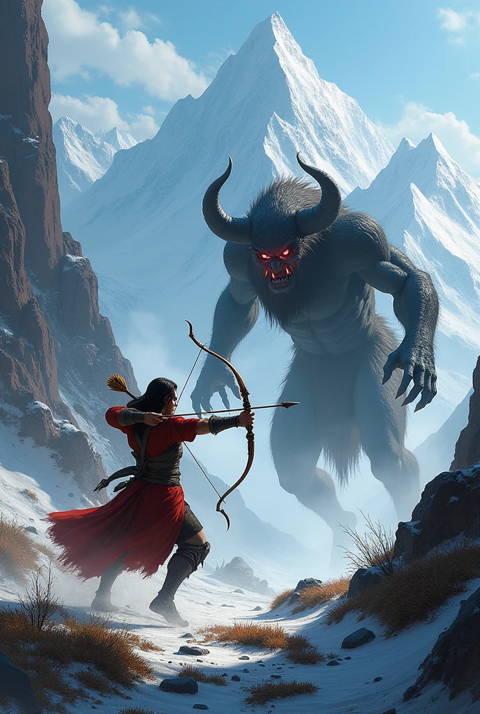 The skilled archer in combat with the demon on the slopes of Vindhyachal Mountain. The scene is dynamic and action-packed, with the archer’s arrow striking the demon and the demon's fierce, dark form.”