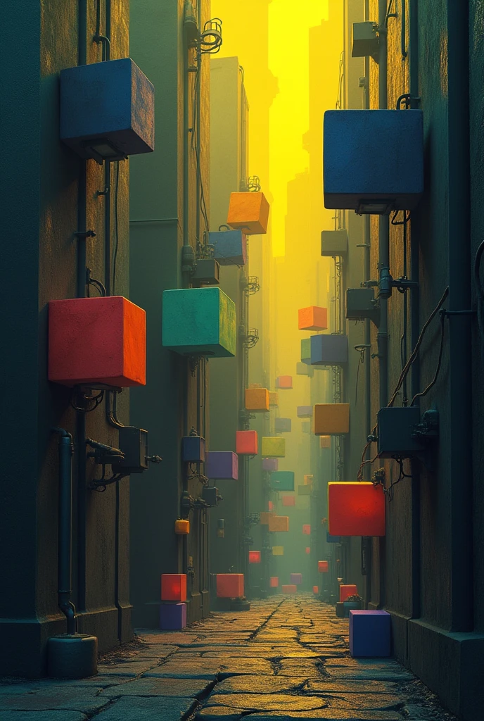 multiple geometric colored blocks,forming biological traits,walking inside the nuclear power plant,The dim yellow light shines
