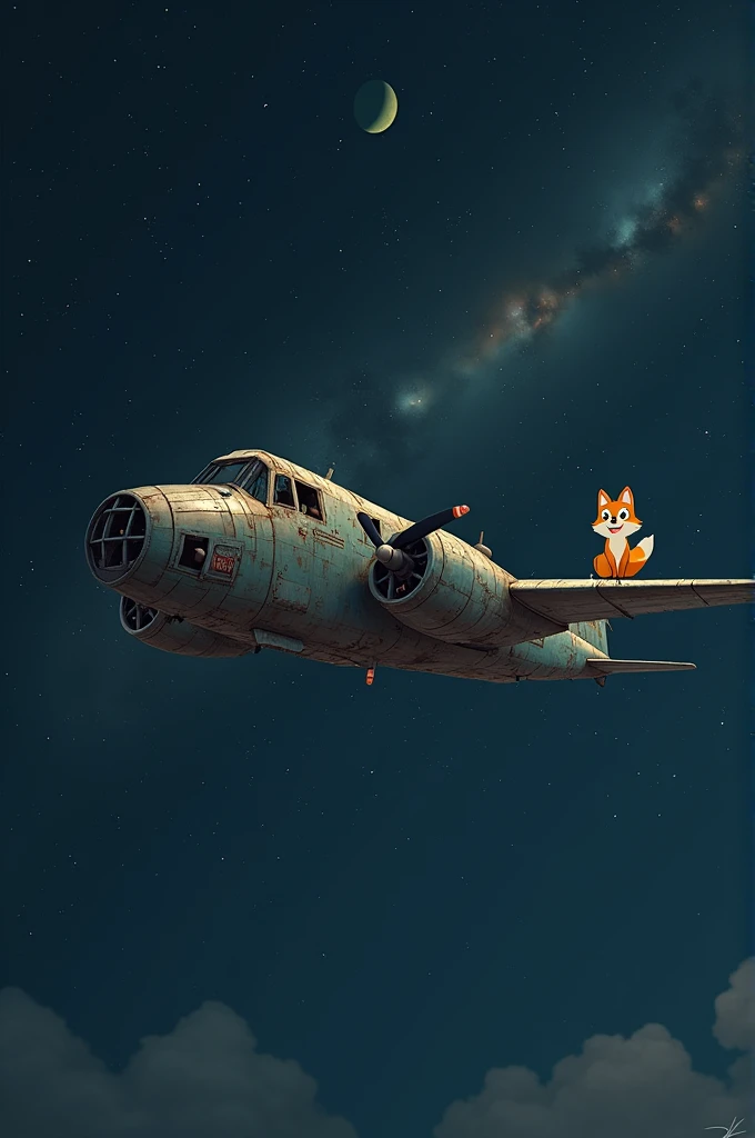 An abandoned plane in space, and next to it a cartoon fox