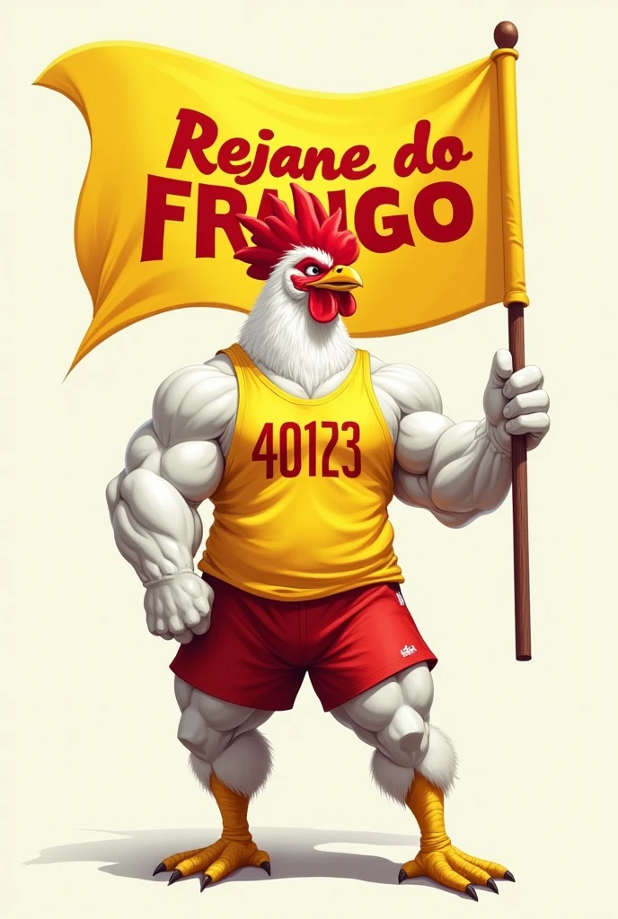 I want an image of a realistic drawing of a muscular white chicken, Grinning, wearing a yellow shirt with the number 40123 in red and red shorts, holding a large yellow flag with the name Rejane do Frango written in red