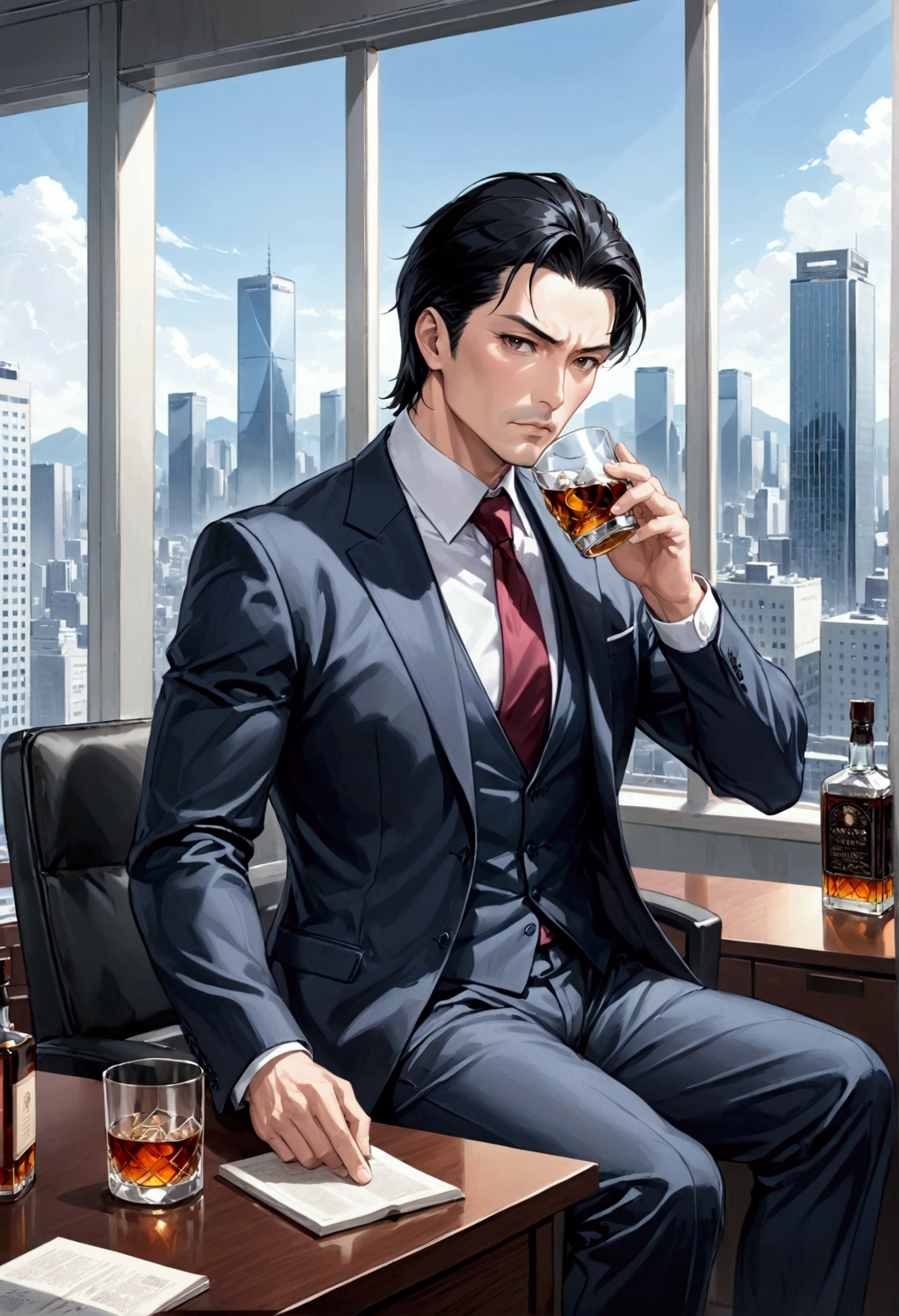Digital  Manhwa minimalista oil painting art , 50-year-old man of Japanese ethnicity with pronounced masculine features, athletic appearance and visible beauty, short black hair, serious look, pale skin, black eyes, sitting elegantly in his office with a view of the buildings, dressed in a business manner with a cup of whiskey