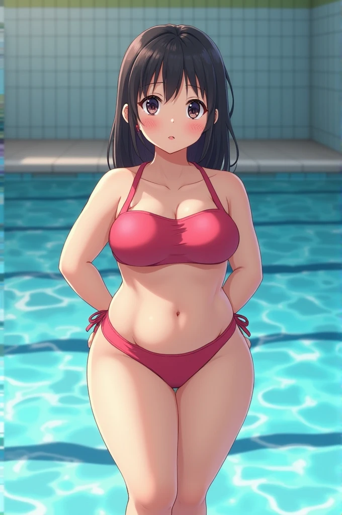 A chubby female middle school student is standing in a school swimsuit.