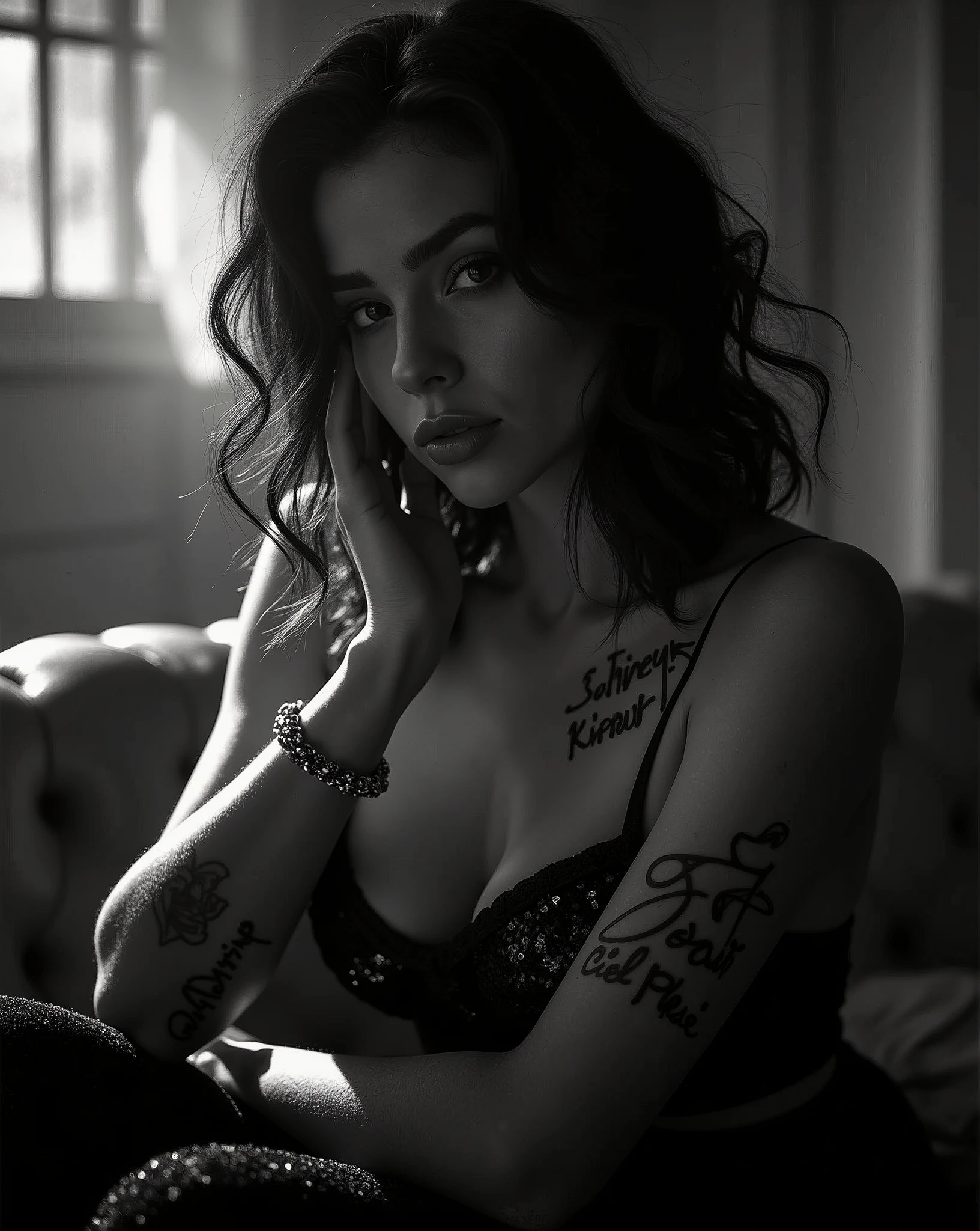 cinematic fashion editorial, shot on 35mm film: Vogue. NoirGlam: Sequins meet urban grit. LightContrast: Shadows and highlights in intimate dialogue. EdgeTension: Tattoos and stares, unspoken stories. SmokeWhisper: Cigarette haze, piercing gaze. Film Stock: Ilford HP5 Plus captures, monochrome intensity, high-contrast allure. 200 - negative prompt: flat ass, (nsfw:1.5),verybadimagenegative_v1.3, ng_deepnegative_v1_75t, (ugly face:0.8),cross-eyed,sketches, (worst quality:2), (low quality:2), (normal quality:2), lowres, normal quality, ((monochrome)), ((grayscale)), skin spots, acnes, skin blemishes, bad anatomy, DeepNegative, facing away, tilted head, {Multiple people}, lowres, bad anatomy, bad hands, text, error, missing fingers, extra digit, fewer digits, cropped, worstquality, low quality, normal quality, jpegartifacts, signature, watermark, username, blurry, bad feet, cropped, poorly drawn hands, poorly drawn face, mutation, deformed, worst quality, low quality, normal quality, jpeg artifacts, signature, watermark, extra fingers, fewer digits, extra limbs, extra arms,extra legs, malformed limbs, fused fingers, too many fingers, long neck, cross-eyed,mutated hands, polar lowres, bad body, bad proportions, gross proportions, text, error, missing fingers, missing arms, missing legs, extra digit, extra arms, extra leg, extra foot, ((repeating hair))
