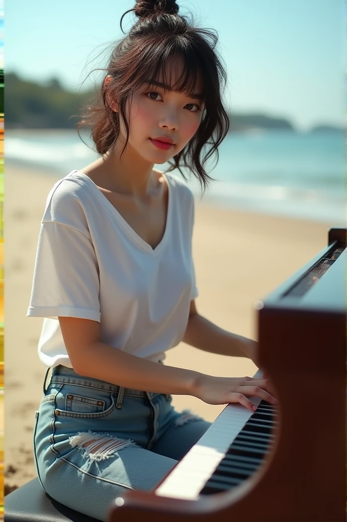 
Stunning Young asian girl, , wearing tshirt and ripped jeans, playing a piano at the beach, looking at viewer, inspired by Li Di, a portrait by Wayne England, trending on cg society, looking to camera, arabesque, energetic jazz piano portrait, pianist, gorgeous woman, ashteroth, promo image, advertising photo, promotional image, (8k, RAW photo, photorealistic), (lots of eyelashes, best quality, ultra high resolution, depth of field, wide light, natural color, picture from distance, hair with many details, fanart best artstation, render photorealistic, art in the style of guweiz, inspired by WLOP, ig model | artgerm, deviantart artstation cgscosiety, beach background, landscape view, full image, full body, landscape