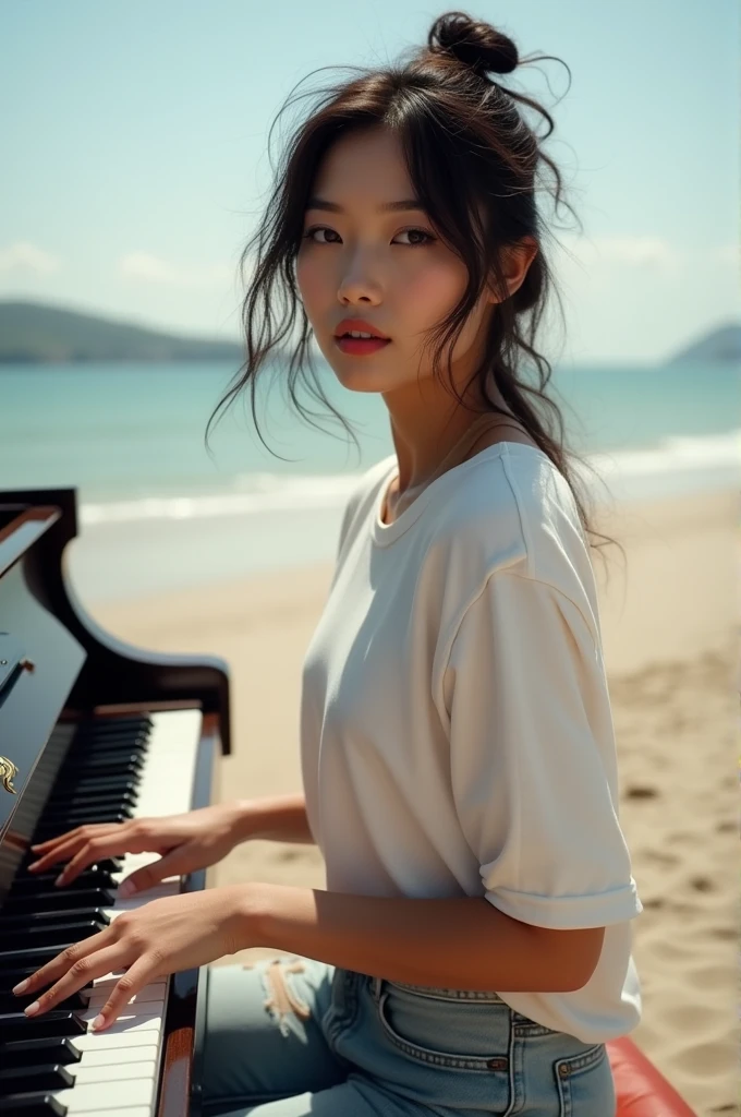 Stunning Young asian girl, , wearing tshirt and ripped jeans, playing a piano at the beach, looking at viewer, inspired by Li Di, a portrait by Wayne England, trending on cg society, looking to camera, arabesque, energetic jazz piano portrait, pianist, gorgeous woman, ashteroth, promo image, advertising photo, promotional image, (8k, RAW photo, photorealistic), (lots of eyelashes, best quality, ultra high resolution, depth of field, wide light, natural color, picture from distance, hair with many details, fanart best artstation, render photorealistic, art in the style of guweiz, inspired by WLOP, ig model | artgerm, deviantart artstation cgscosiety, beach background, landscape view, full image, full body, landscape