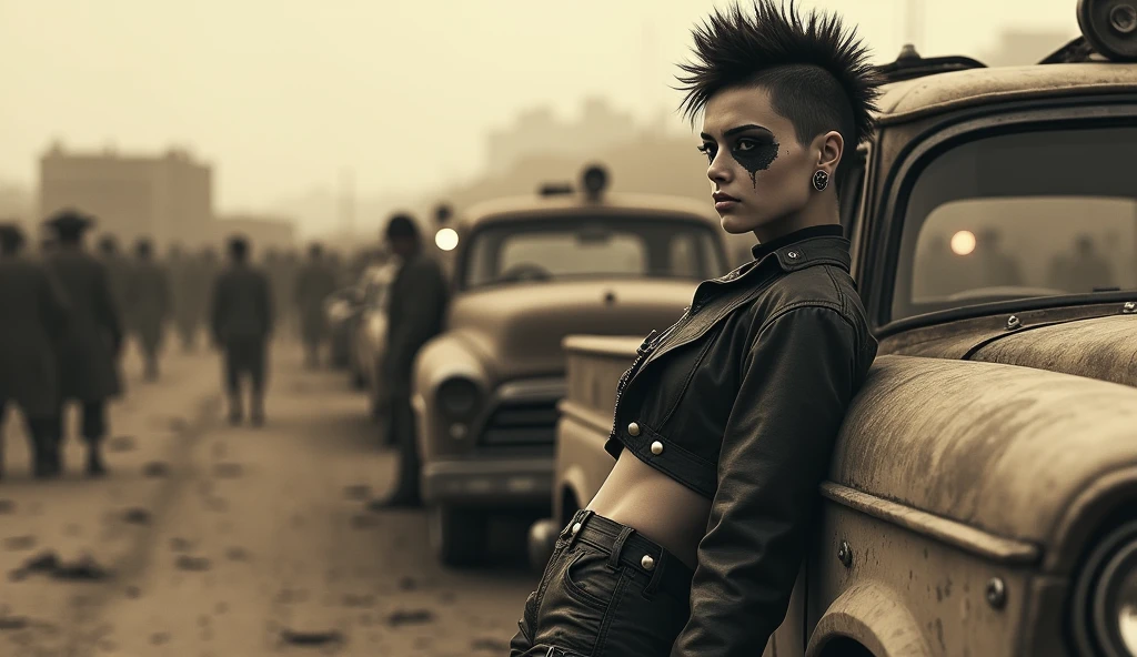 ((Very old photograph in sepia tone only)), Surreal, monochrome image, post-apocalyptic scene featuring a person with a punk aesthetic. The individual, positioned in the foreground, has short, spiked hair and wears dark, heavy eye makeup resembling war paint. Their skin is light, and they have a determined expression. They are leaning on a weathered, dusty vehicle, adorned with various makeshift modifications. In the background, a crowd of similarly dressed people and more dilapidated vehicles are visible, contributing to the chaotic and dystopian atmosphere. The overall layout is cluttered, with a focus on the central figure and the surrounding environment, emphasizing a sense of survival and resilience. cgsociety, art deco, 1920s, hyperdetailed, 1920s Mad Max film, digital illusions, photorealistic, artistic visuals inspired by Fritz Lang. ((motion picture film)), ultra-detailed, chiaroscuro, RAW photo, cinematic, artstation style, concept art, masterpiece, 8k, black and white, realistic textures, 3D rendering