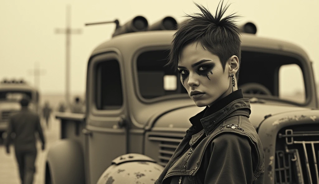 ((Very old photograph in sepia tone only)), Surreal, monochrome image, post-apocalyptic scene featuring a person with a punk aesthetic. The individual, positioned in the foreground, has short, spiked hair and wears dark, heavy eye makeup resembling war paint. Their skin is light, and they have a determined expression. They are leaning on a weathered, dusty vehicle, adorned with various makeshift modifications. In the background, a crowd of similarly dressed people and more dilapidated vehicles are visible, contributing to the chaotic and dystopian atmosphere. The overall layout is cluttered, with a focus on the central figure and the surrounding environment, emphasizing a sense of survival and resilience. cgsociety, art deco, 1920s, hyperdetailed, 1920s Mad Max film, digital illusions, photorealistic, artistic visuals inspired by Fritz Lang. ((motion picture film)), ultra-detailed, chiaroscuro, RAW photo, cinematic, artstation style, concept art, masterpiece, 8k, black and white, realistic textures, 3D rendering
