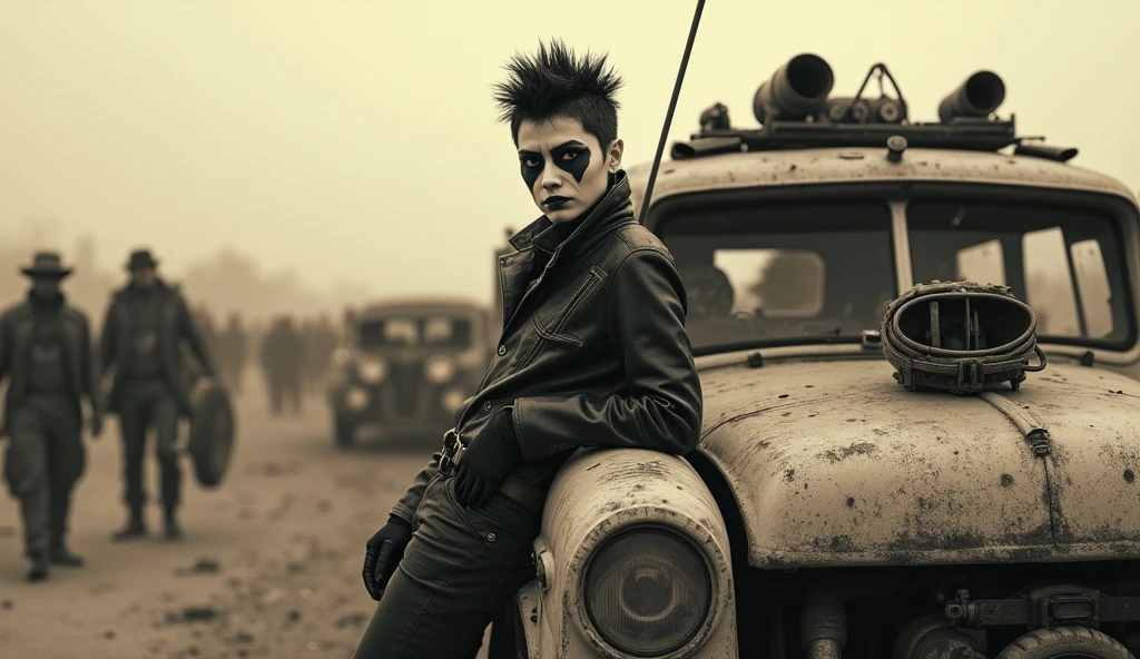 ((Very old photograph in sepia tone only)), Surreal, monochrome image, post-apocalyptic scene featuring a person with a punk aesthetic. The individual, positioned in the foreground, has short, spiked hair and wears dark, heavy eye makeup resembling war paint. Their skin is light, and they have a determined expression. They are leaning on a weathered, dusty vehicle, adorned with various makeshift modifications. In the background, a crowd of similarly dressed people and more dilapidated vehicles are visible, contributing to the chaotic and dystopian atmosphere. The overall layout is cluttered, with a focus on the central figure and the surrounding environment, emphasizing a sense of survival and resilience. cgsociety, art deco, 1920s, hyperdetailed, 1920s Mad Max film, digital illusions, photorealistic, artistic visuals inspired by Fritz Lang. ((motion picture film)), ultra-detailed, chiaroscuro, RAW photo, cinematic, artstation style, concept art, masterpiece, 8k, black and white, realistic textures, 3D rendering