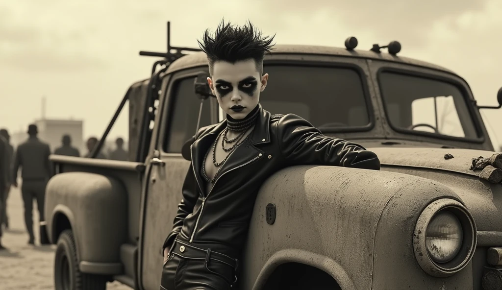((Very old photograph in sepia tone only)), Surreal, monochrome image, post-apocalyptic scene featuring a person with a punk aesthetic. The individual, positioned in the foreground, has short, spiked hair and wears dark, heavy eye makeup resembling war paint. Their skin is light, and they have a determined expression. They are leaning on a weathered, dusty vehicle, adorned with various makeshift modifications. In the background, a crowd of similarly dressed people and more dilapidated vehicles are visible, contributing to the chaotic and dystopian atmosphere. The overall layout is cluttered, with a focus on the central figure and the surrounding environment, emphasizing a sense of survival and resilience. cgsociety, art deco, 1920s, hyperdetailed, 1920s Mad Max film, digital illusions, photorealistic, artistic visuals inspired by Fritz Lang. ((motion picture film)), ultra-detailed, chiaroscuro, RAW photo, cinematic, artstation style, concept art, masterpiece, 8k, black and white, realistic textures, 3D rendering