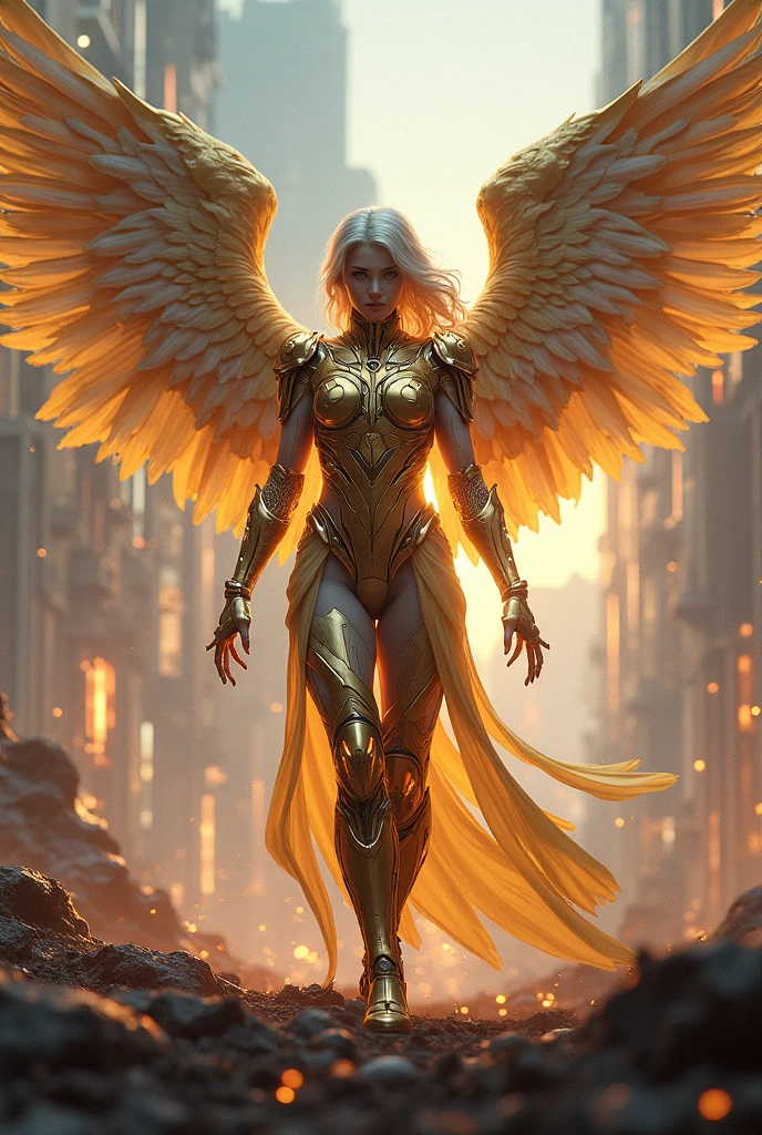 archangel michael,fainal war effect,REAL - style image of a woman with a sword in a field, cyberpunk art inspired by Leng Mei, cgsociety contest winner, fantasy art, beautiful cyborg angel girl, angel knight girl, as a mystical valkyrie, battle angel, angel in gold plastic armor, mechanized valkyrie girl, unreal engine 4k wallpaper, wraith from apex legends, epic angel wings