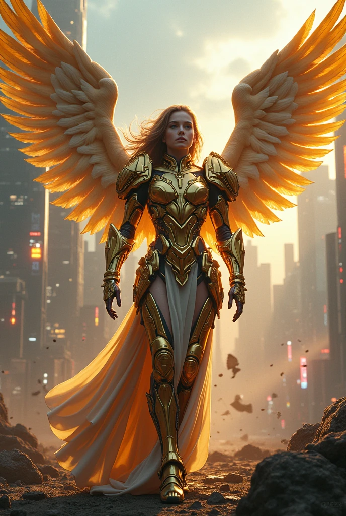 archangel michael,fainal war effect,REAL - style image of a woman with a sword in a field, cyberpunk art inspired by Leng Mei, cgsociety contest winner, fantasy art, beautiful cyborg angel girl, angel knight girl, as a mystical valkyrie, battle angel, angel in gold plastic armor, mechanized valkyrie girl, unreal engine 4k wallpaper, wraith from apex legends, epic angel wings
