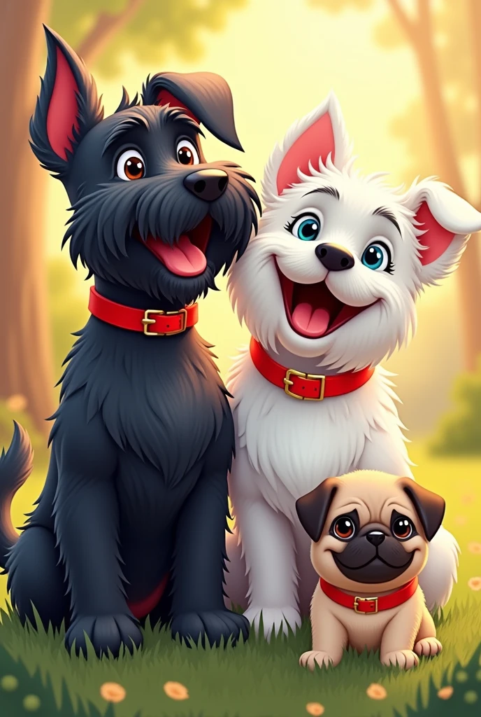 Make me a poster of a happy black schnauzer dog with a red collar, and with a white French bulldog with curly hair and a red collar, and a pug dog in which they are playing and look very happy 