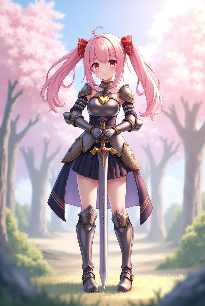 Masterpiece, 1 girl, solo, looking at viewer, blushing, bangs, skirt, knee-socks, holding in hands, hair between eyes, twin tails, smiling, mouth closed, standing, full body, weapon, pink hair, heart, boots, outdoors, sword, black knee-socks, black skirt, pink eyes, holding weapon, armor, high heels, garter straps, holding sword, gauntlet, breastplate, armored dress, armored boots, planted, knee-socks under boots, planted sword,pastel tone