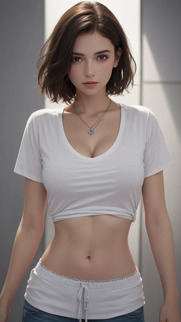 (masterpiece, Highest quality, photoRealistic, High resolution, photograph, :1.3),, Sharp focus, (1 brunette girl,, Hot Model), Realistic skin, (Slim figure, Perfect body, Beautiful belly button, Narrow waist, Cleavage), Short Hairstyles, Highly detailed hair, Delicate and sexy face, sexual sight, Glossy Lips, ((Wearing a drawstring front T-shirt, Wearing a pendant)), ((Bright light, Dynamic Lighting, Realistic, super Realistic, realism, Realistic detail))、Dynamic and bold pose
