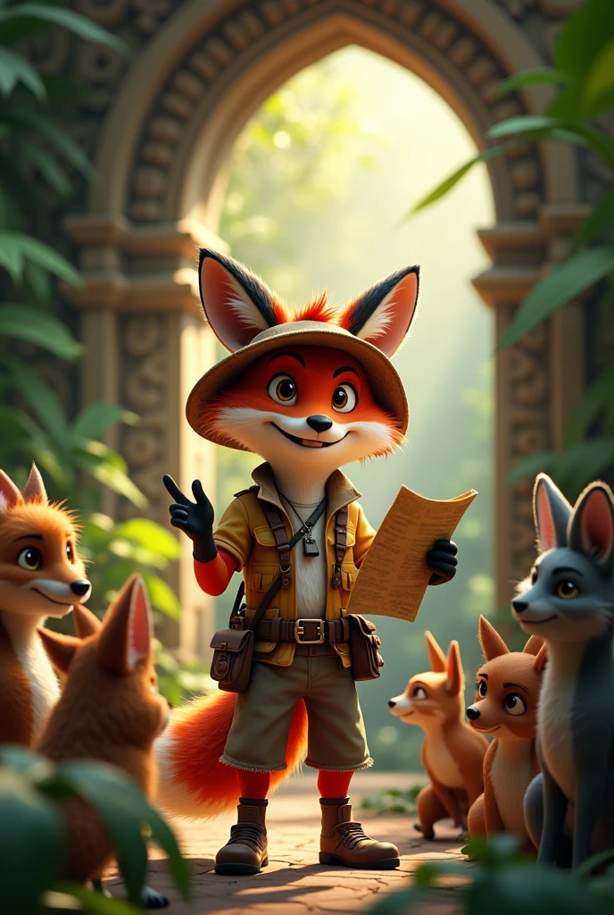 {
"prompt": "A clever, adventurous fox dressed in explorer’s gear, standing at the entrance of an ancient jungle temple. The fox, with a sly smile, is holding a map and speaking to a group of jungle animals gathered around, eager to hear its plan. The scene is bathed in warm, golden light filtering through the thick jungle foliage. 3D render, ultra HD quality."
}