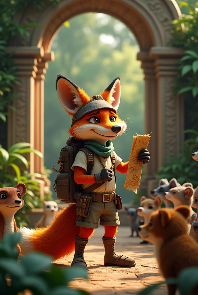 {
  "prompt": "A clever, adventurous fox dressed in explorer’s gear, standing at the entrance of an ancient jungle temple. The fox, with a sly smile, is holding a map and speaking to a group of jungle animals gathered around, eager to hear its plan. The scene is bathed in warm, golden light filtering through the thick jungle foliage. 3D render, ultra HD quality."
}
