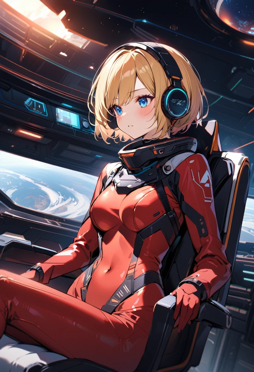 ( short hair, street, Emo, Blonde, Blue Eyes, ,headphone,eyeliner, Apocalypse, , internal (cockpit) of (Futuristic spaceship:1.6), , blush,Sit on a chair, Covered navel, Space Helmet, Mvrów, Space Helm, Plug Suit , Space Helmet, Eva Helm,Red bodysuit, short hair, From the side,Upper Body,close,Looking this way、background moving at high speed、