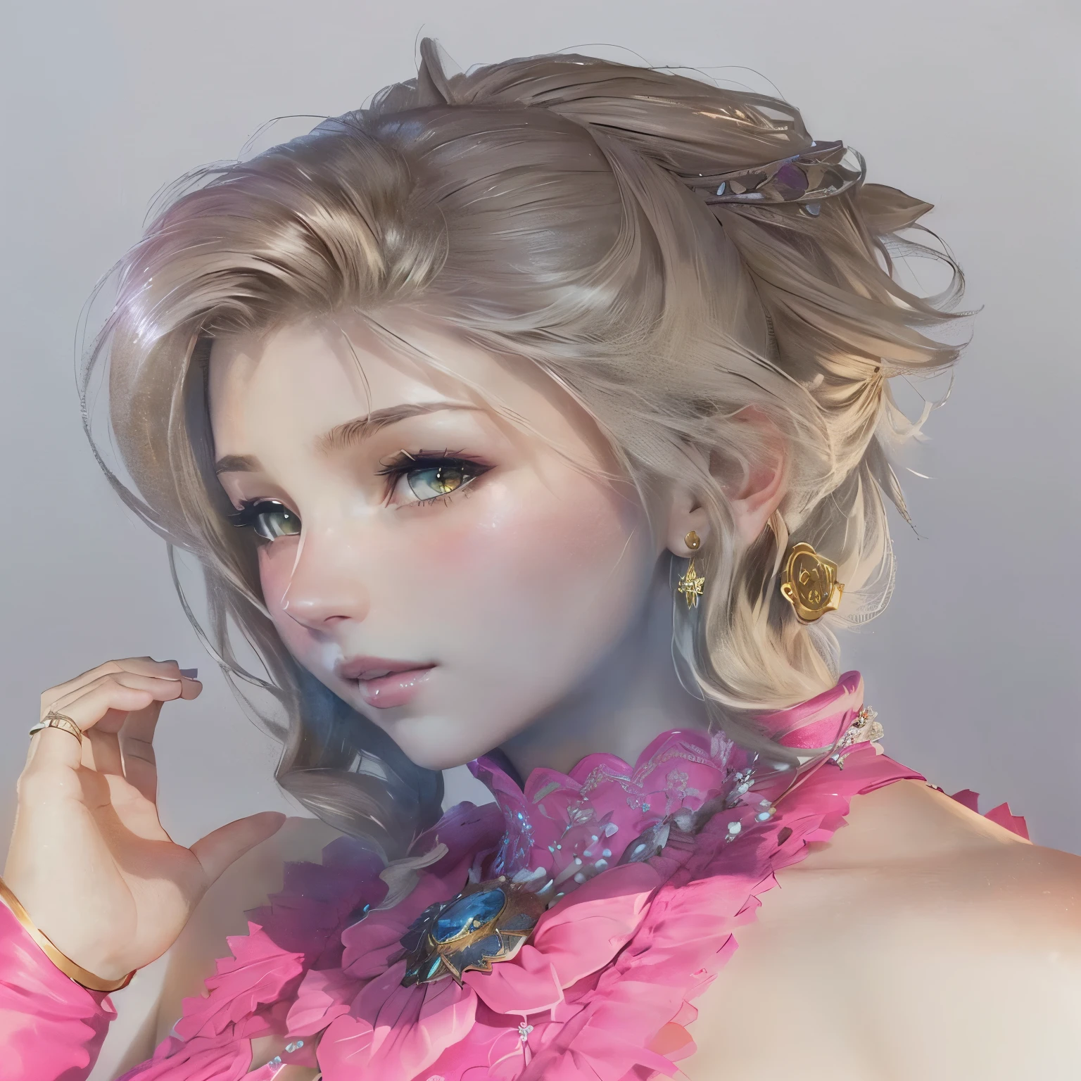 Close-up of a woman in a pink dress and necklace, Final Fantasy 14 Style, Face of Final Fantasy, A charming portrait of Aerith, Ultra-detailed fantasy characters, Final Fantasy Characters, Final Fantasy 1 2 Style, Anime-style 3D, From Final Fantasy, Princess Zelda portrait, Highly detailed facial anime, Close-up Character, Portrait of a girl in the Knights of the Zodiac