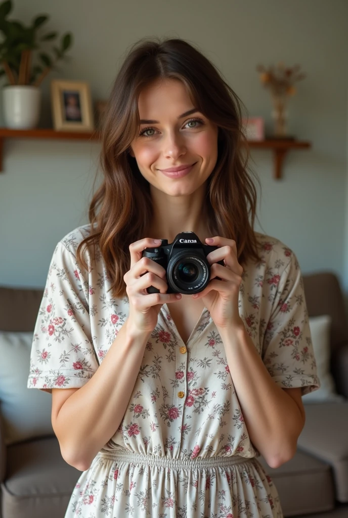 A British woman selfie at home 30 years old wearing casual dress