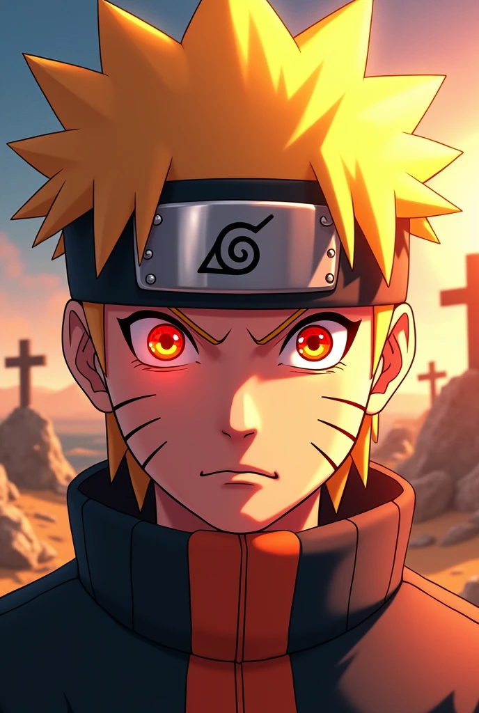 Naruto's face with red eyes, in a place with sun and a cross