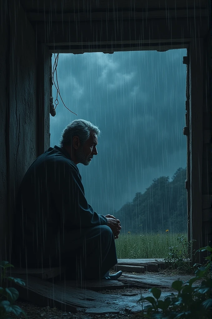 A man sitting at dilapidated hut raining night