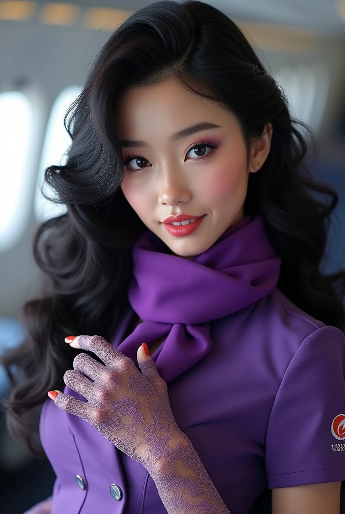 A JAL stewardess with long black curly hair wearing a purple scarf and a uniform、A Japanese woman with heavy purple eyeshadow、wearing long lace gloves