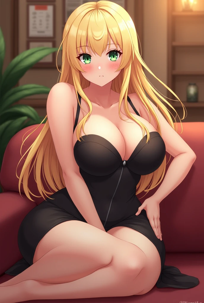 Score_9, score_8_up, score_7_up, source_anime, 1girl, solo, bbw, indoors, pale, mature female, milf, pussy, dress, wearing dress, green eyes, blonde hair