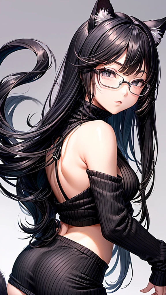 (Masterpiece), (best quality), A 20-year-old cat girl with long black hair, cat ears and a beetle tail, gray eyes, chest, and round glasses. (Black turtleneck sweater, black halter sweater, pure killer, sleeveless, open back, sexy black dress) bedroom