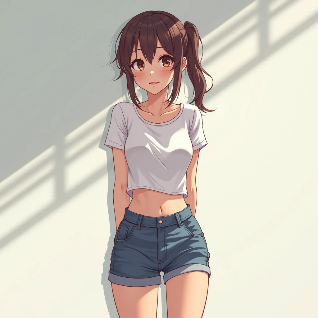 best quality, masterpiece, detailed,2d,flat color, 1girl,18yo,petit,grin,camisole,denim shorts,socks,outdoor,small breasts