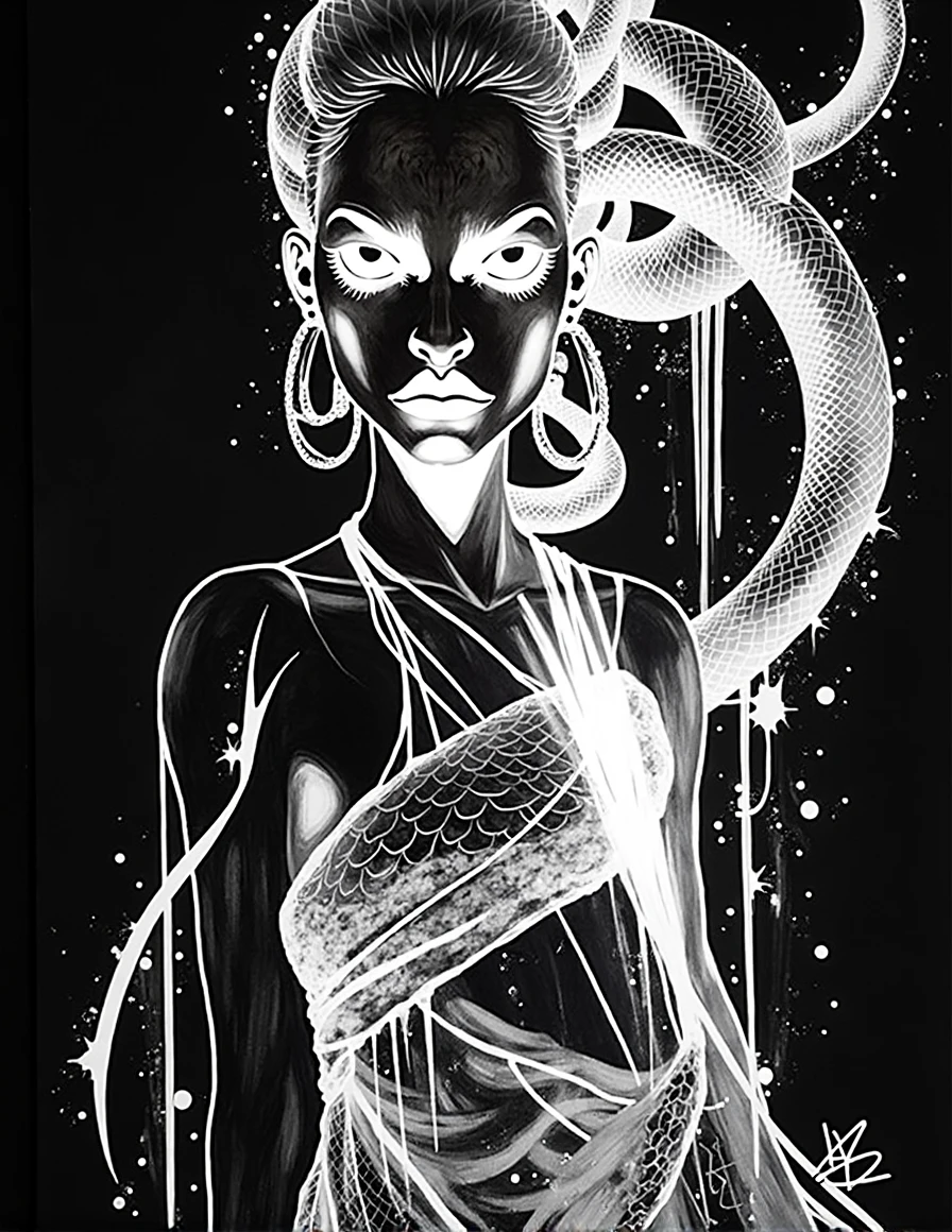 An expressive over the shoulder unfinished cartoon sketch featuring a hairless figure Medusa in maxi dress. MEDUSA has snakes on head with accurate snake bodies, snake scales, and snake tail rattle. drawing includes ornate corpsepaint blackmetal facepaint, resembling Grace Jones. style blends art aesthetics of Sean Gordon Murphy and Joelle Jones with rough sketch charcoal art style. sketch shows rough-draft pencil lines underneath bold lines over rough-sketch inking, using ink charcoal blend. The scene is set in the pine barrens with sparse trees, emphasizing a candid, sorrowful expression. sketch uses angular expressive lines in incomplete, unfinished style, evoking sense of fiery decay. Colors red, yellow, blue (RYB coloring).