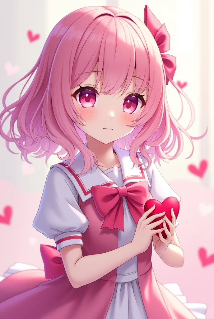 female、Pink and white school uniform、Pink vertical curly hair with a lot of volume、Drooping eyes、恋の魔法少female、heart、Pale skin