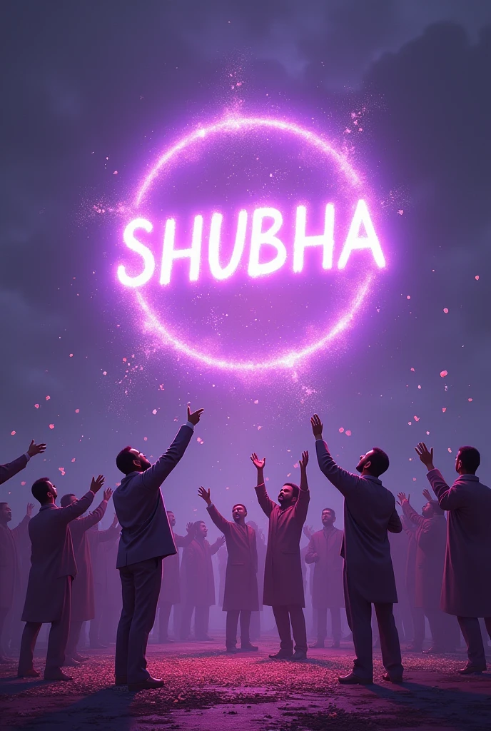 A floating name "SHUBHA" is coloured violet and it is glowing. Some mens are throwing flower to the name.
