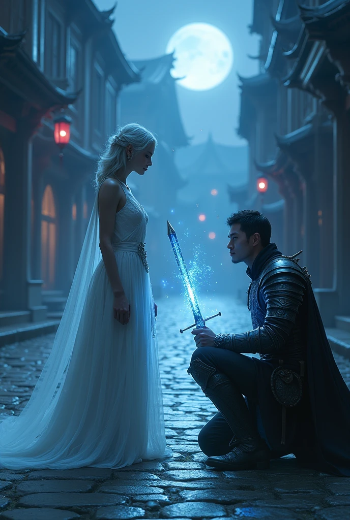 "Are you my master?"; BREAK A (photorealistic masterpiece) (highly detailed faces, fantasy illustrations with gothic, with muted colors), BREAK (this is a "city of shadows" with distant lights glittering. Pale blue moonlight illuminates the cobbled stone); BREAK (Elf sorceress: a beautiful young diminutive Elf woman with (elf ears), short silvery hair, delicate features, pale skin, and lavender eyes); wearing ((sleeveless)) pale robes, arcane magic is woven around, summoning a knight to protect her, glittering magic radiating from her, BREAK (ArmoredKnight: a tall handsome Chinese man, medieval Chinese-style lamellar armor, black cloak, carrying a jen-sword glimmering blue) and (kneeling:1.3), BREAK (female elf on left and dark ArmoredKnight on right facing each other in blue moonlight as the knight (((kneels))) in allegiance); BREAK: the dark armoredknight kneels.