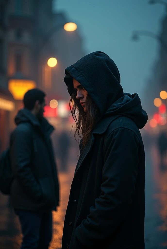 (Cinematic photo:1.3) , (highest quallity、tabletop、8k、best quality image、hyperrealistic realism) male teenager, belo male teenager, wearing a black coat with a hood on his head, detailded, long hair, watching two men from afar, Grieving, em uma rua iluminada Fotografia Digital UHD Altamente detailded texture, realistic texture, digitalpainting, highly detailed shot