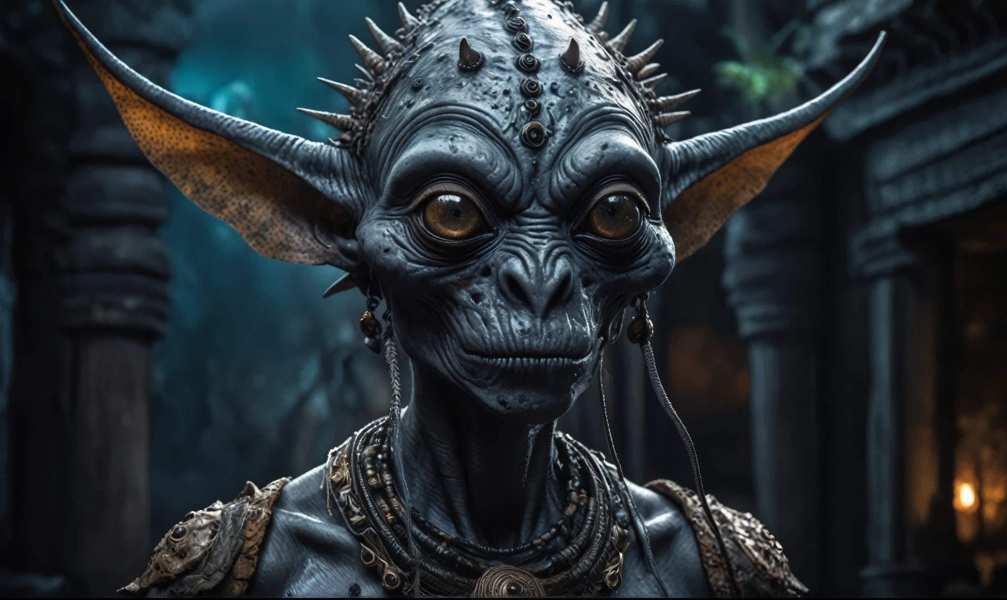 full body length shot,nerd graphite  Alien Entity,native africa slave ,nowadays azctec central city,Cinematic,soft colors, Technicolor,natural skin textures, hyper realism, hyper detailed,Extremely detailed,High contrast,Masterpiece,Realistic,Ultra Detailed, intricate details,realistic humid leather,extremely intricate details,Epic Realistic, cinematic style, irina yermolova,high contrast,hdr,extremely detailed, [deep night landscape],masterpiece, intricate details, eyes extremely detailed, high detailed eyes,8k resolution,retina, Nikon Z9,Korea,orc,Egypt, Pisces, transition between two art styles,full body length, Double contact, X-ray, Creative, vivid light, fantasy, Abstract, Surrealism, super detailed, high resolution,insanity national folk wear,skin  almost translucent, gothic elements, further emphasizing its dark air,Mestichino,Light particles,chaos,starfish's leather,Angkor Wat of Cambodia,"(The best lighting, dark, dramatic),(alien troll half-skull fetus, Hellraiser, Scars, , poison brain, , a rat inside the head, terror.),(fish eyes, calaveras). morning light.

