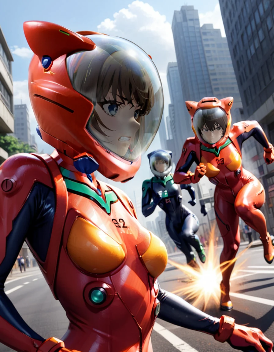 plugsuit, red bodysuit,evangelion,red helmet, space helme, short hair, walk,,asuka langley soryu,hort hair, bangs, blue eyes, brown hair, bodysuit, pilot suit, plugsuit, (red bodysuit:1.5,  space helmet,  cat ears, city, road, upper body