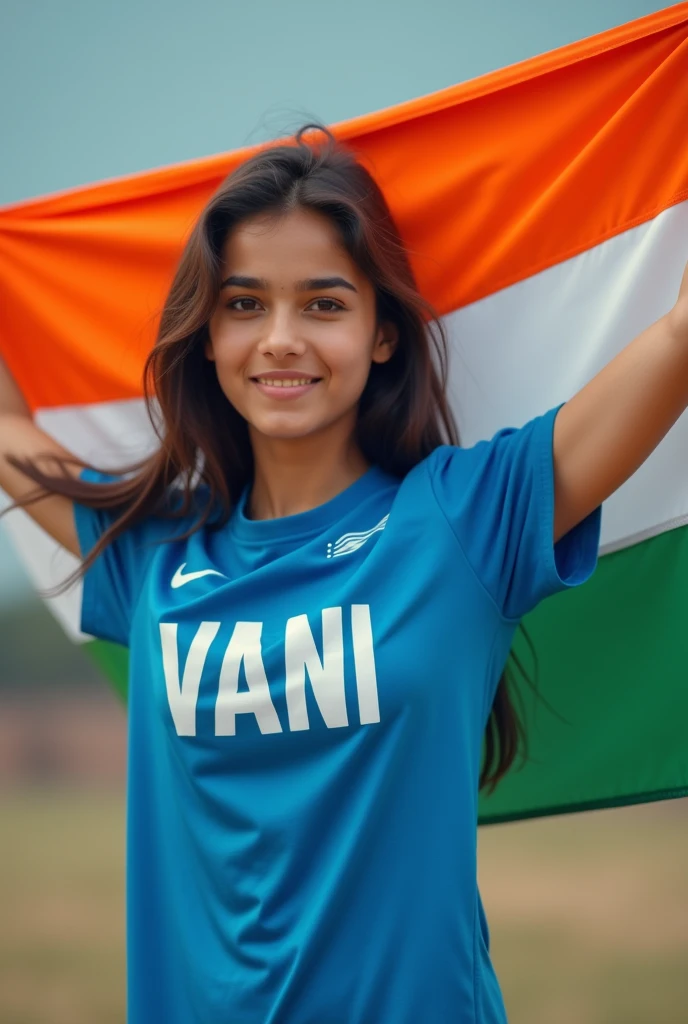 A 19 years old beautiful girl is holding indian flag wearing t-shirt with her name VANI