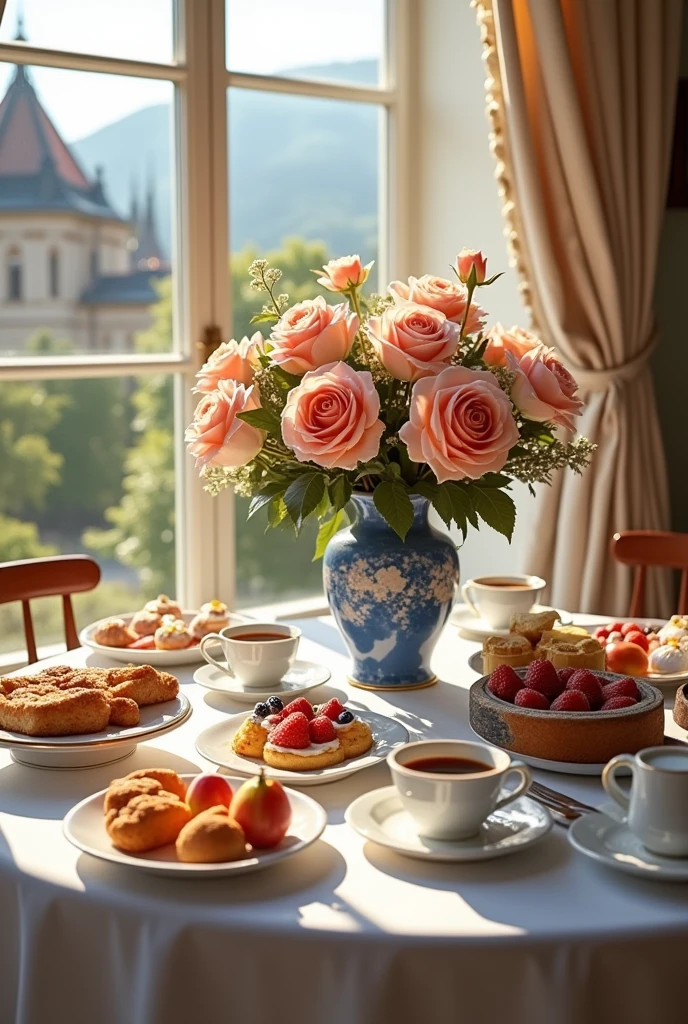 A table with a white tablecloth and a beautiful blue porcelain vase with roses, coffee cups, bread, cakes, and fruit. In the background, a window with a European landscape on a bright sunny day. 