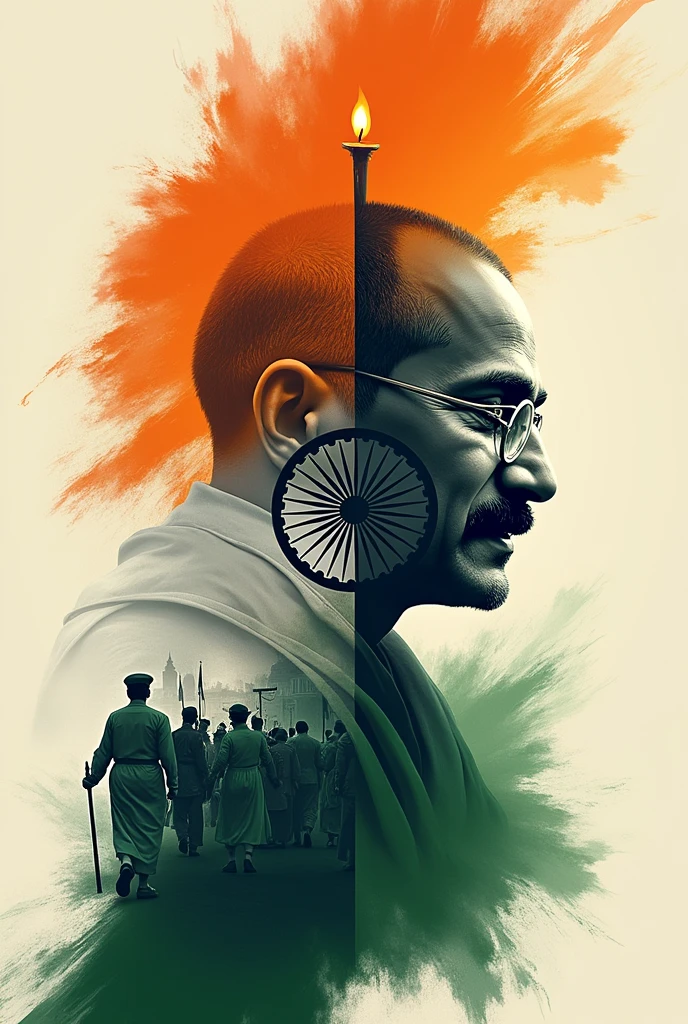 For a compelling thumbnail that reflects the rich history and significance of India's Independence Day, here are some ideas:
1. **Central Image:** A split image with Mahatma Gandhi on one side (emphasizing non-violence) and Bhagat Singh or Subhas Chandra Bose on the other (representing revolutionary leaders). This visually contrasts the different approaches to freedom.
2. **Background:** Use the Indian tricolor as the backdrop, blending it subtly. On one side, depict a historical scene (like a crowd during the Quit India Movement), and on the other, a modern Indian cityscape, symbolizing progress.
3. **Text:** Bold, impactful text like "India's Fight for Freedom" or "The Untold Stories of Independence" at the top or center of the thumbnail. Ensure the font is large enough to be readable on small screens.
4. **Symbols:** Incorporate symbols like the Ashoka Chakra, and maybe even a faint image of the Indian map in the background, linking the concept of unity and nationhood.
5. **Additional Elements:** You could add a subtle overlay of a candle or flame, symbolizing the sacrifices made by countless freedom fighters.
This design balances history, emotion, and patriotism, making it eye-catching and relevant to the content.