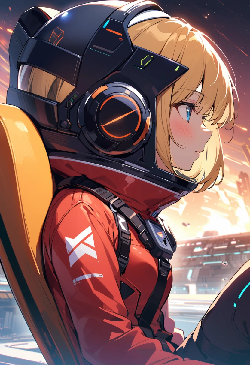 ( short hair, street, Emo, Blonde, Blue Eyes, ,headphone,eyeliner, Apocalypse, , internal (cockpit) of (Futuristic spaceship:1.6), , blush,Sit on a chair, Covered navel, Space Helmet, Mvrów, Space Helm, Plug Suit , Space Helmet, Eva Helm,Red bodysuit, short hair, From the side,Upper Body,close,Looking this way、background moving at high speed、