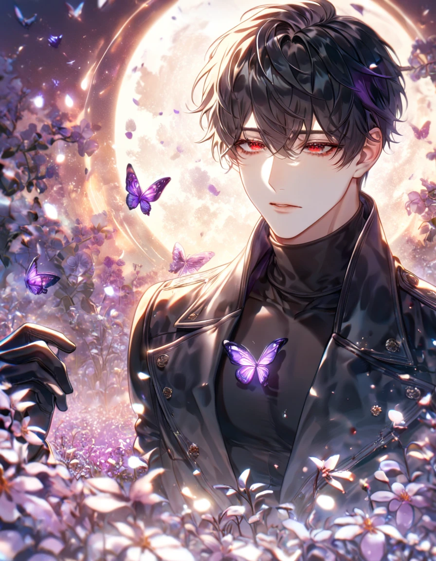 absurdres, highres, ultra detailed, HDR) master piece, best quality, extremely detailed, delicated features, Jaehwan, black hair, hair that parts just above his left eye, expressive red eyes, Code Zero: The World After The Fall, solo, sexy man, handsome, sensual, black coat, black tight turtleneck shirt, black gloves, fantasy, magical, radiant, dust, purple flames, purple moon, purple flowers, purple butterflies, garden