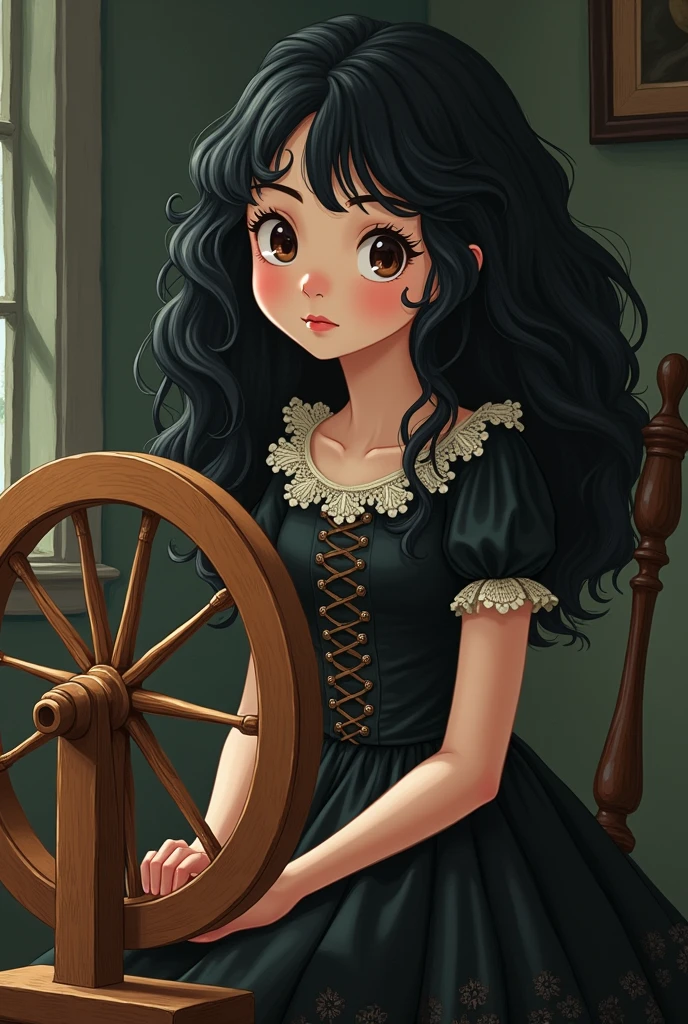 Generate a drawing in the style of Studio Ghibli of a black-haired, curly-haired girl with shoulder-length hair, Victorian gothic dress in front of a spinning wheel in the style of Sleeping Beauty
