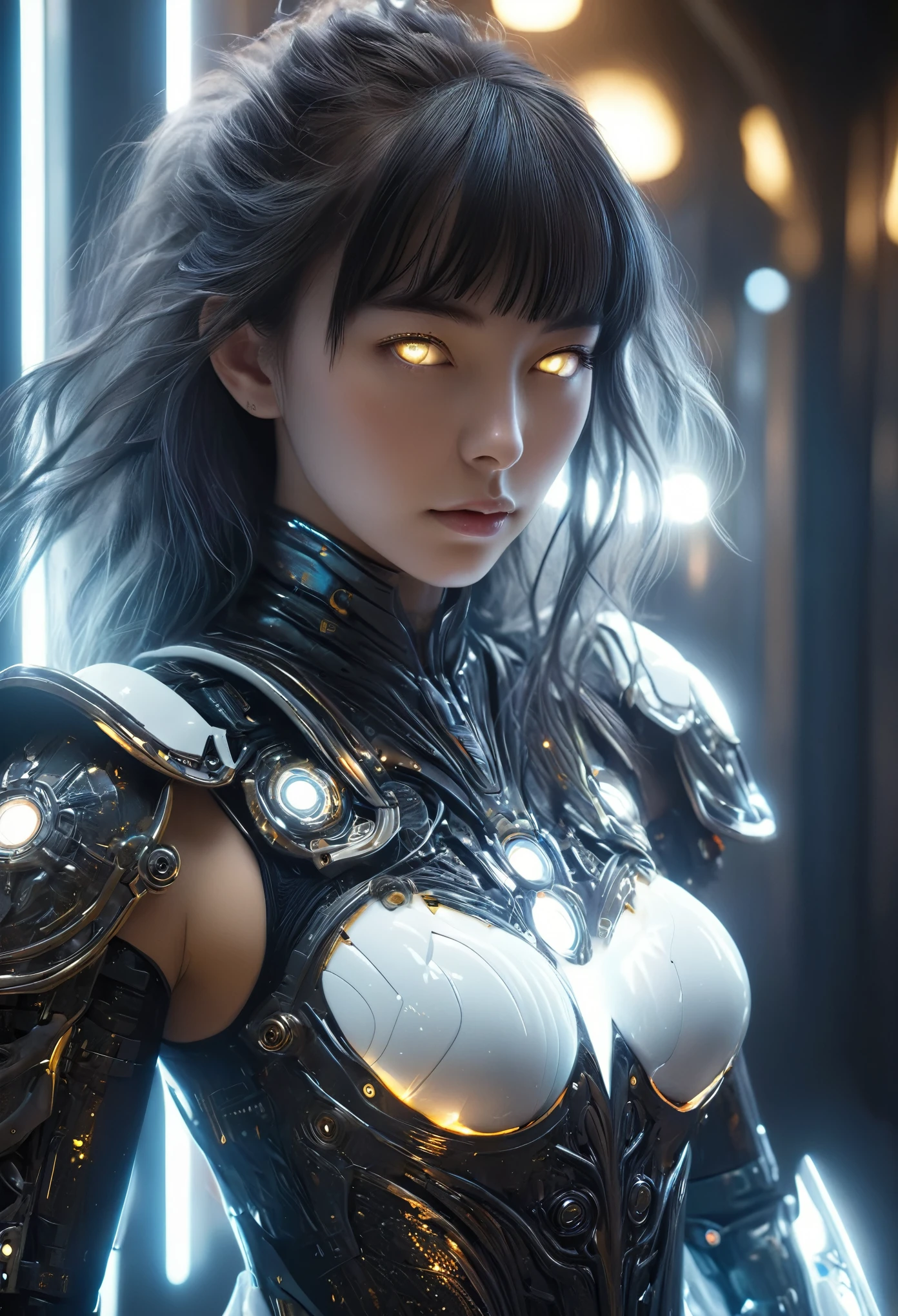 (Best Quality, 4K, 8K, High Resolution, Masterpiece: 1.2), (Super Detailed, Realistic, Photorealistic:1.37), A woman in futuristic clothing, Trending on cgstation, Trending on cgstation, (Portrait of a girl in the Knights of the Zodiac:1.4), blunt bangs, Cute Cyborg Girl, Perfect android girl, Portrait Astronaut Girl, Beautiful girl cyborg, (Girl wearing iridescent black and white mechanical cyber armor:1.3), Game CG, cgsociety and fenghua zhong, Beautiful Cyborg Shrine Maiden, Bioluminescence, (Yua Yaiba:0.5), (Golden eyes:1.5), Anatomically correct grip, (Sharp and long claws:1.4), erotic and sexy, black, wearing A gorgeous cape with beautifully detailed embroidery, (beautiful tits, beautiful breasts, beautiful nipples:1.5), (NSFW:1.5)